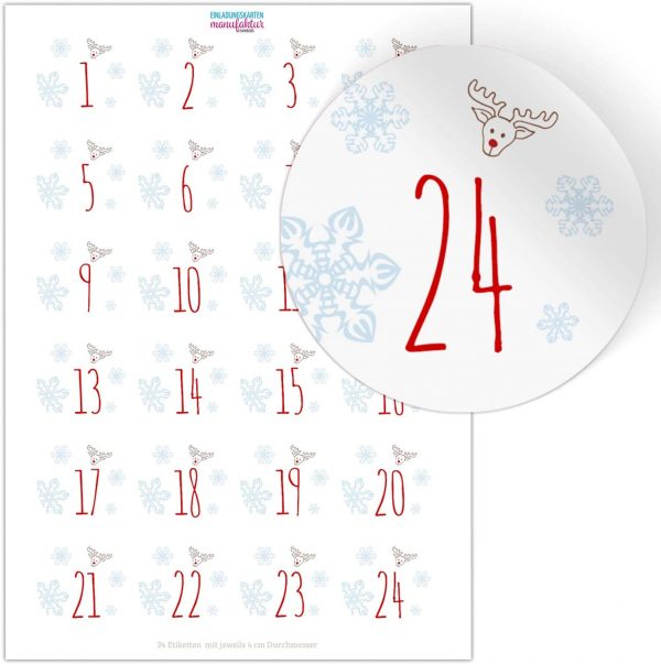 Adventskalender-Zahlen Aufkleber 1 bis 24 / Schlicht modern / Etiketten / Sticker / Weihnachtskalender / Advent / Rund / DIY / zum Aufkleben