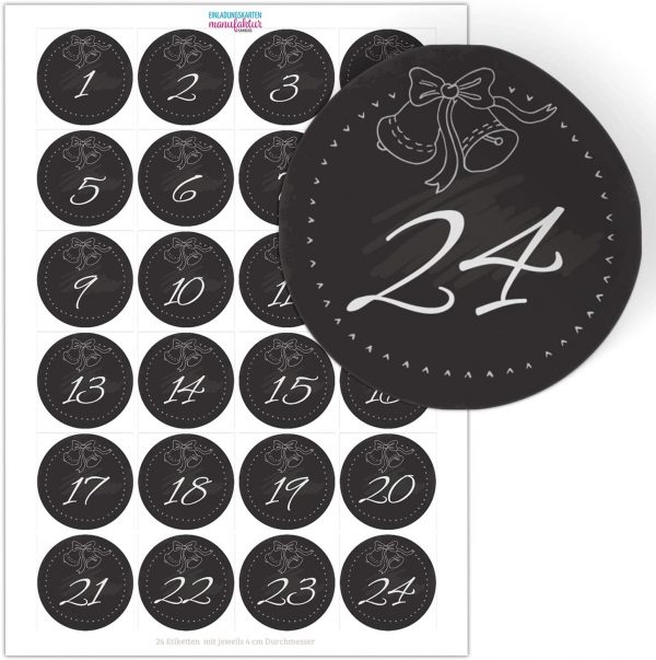 Adventskalender-Zahlen Aufkleber 1 bis 24 / Kreide Look / Etiketten / Sticker / Weihnachtskalender / Advent / Rund / DIY / zum Aufkleben