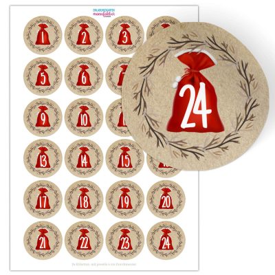 Adventskalender-Zahlen Aufkleber 1 bis 24 / Weihnachtssack / Etiketten / Sticker / Weihnachtskalender / Advent / Rund / DIY / zum Aufkleben