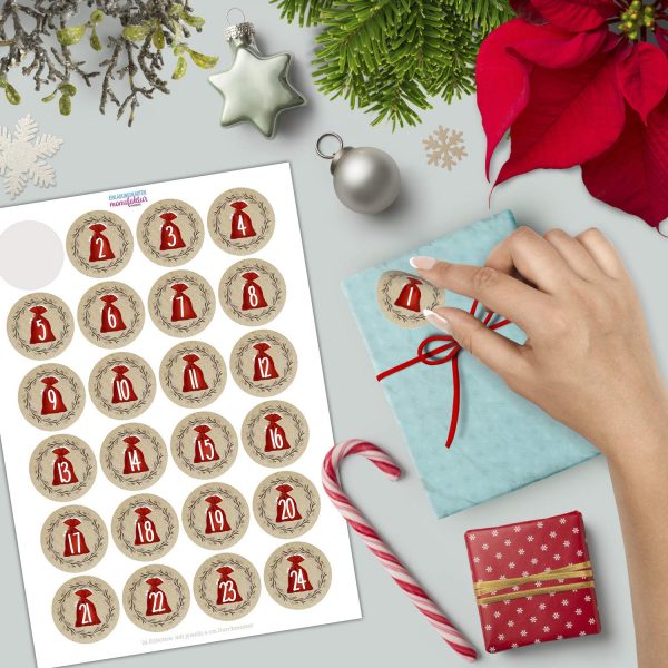 Adventskalender-Zahlen Aufkleber 1 bis 24 / Weihnachtssack / Etiketten / Sticker / Weihnachtskalender / Advent / Rund / DIY / zum Aufkleben – Bild 2