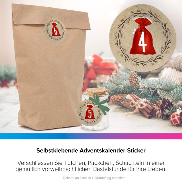 Adventskalender-Zahlen Aufkleber 1 bis 24 / Weihnachtssack / Etiketten / Sticker / Weihnachtskalender / Advent / Rund / DIY / zum Aufkleben – Bild 6