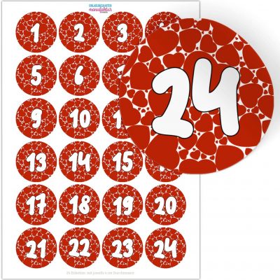 Adventskalender-Zahlen Aufkleber 1 bis 24 / Herzen rot mit großen Zahlen / Etiketten / Sticker / Weihnachtskalender / Advent / Rund / DIY / zum Aufkleben