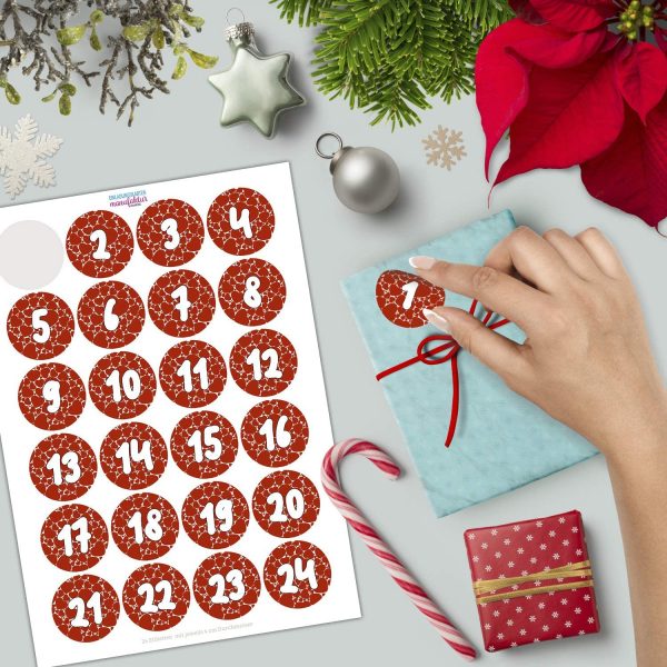 Adventskalender-Zahlen Aufkleber 1 bis 24 / Herzen rot mit großen Zahlen / Etiketten / Sticker / Weihnachtskalender / Advent / Rund / DIY / zum Aufkleben – Bild 2