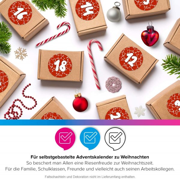 Adventskalender-Zahlen Aufkleber 1 bis 24 / Herzen rot mit großen Zahlen / Etiketten / Sticker / Weihnachtskalender / Advent / Rund / DIY / zum Aufkleben – Bild 5
