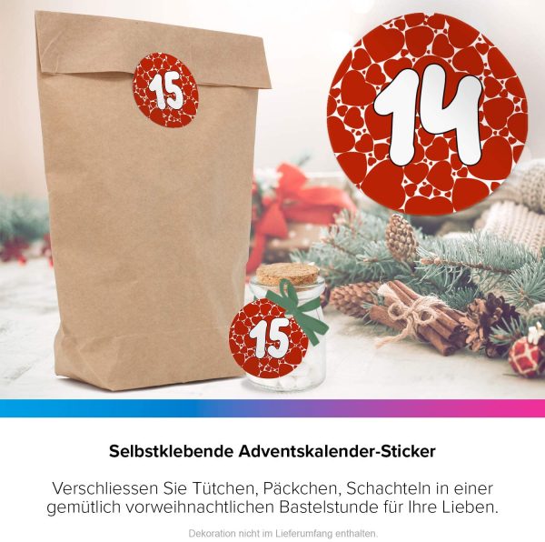 Adventskalender-Zahlen Aufkleber 1 bis 24 / Herzen rot mit großen Zahlen / Etiketten / Sticker / Weihnachtskalender / Advent / Rund / DIY / zum Aufkleben – Bild 6