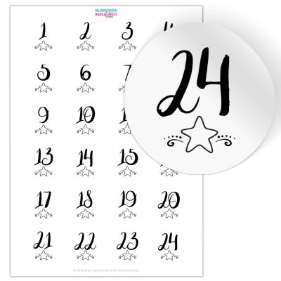 Adventskalender-Zahlen Aufkleber 1 bis 24 / modern mit Sternen schwarz / Etiketten / Sticker / Weihnachtskalender / Advent / Rund / DIY / zum Aufkleben