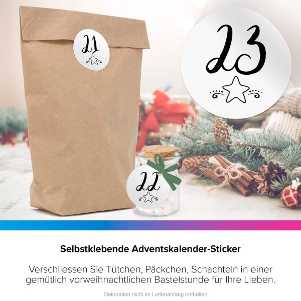 Adventskalender-Zahlen Aufkleber 1 bis 24 / modern mit Sternen schwarz / Etiketten / Sticker / Weihnachtskalender / Advent / Rund / DIY / zum Aufkleben – Bild 6