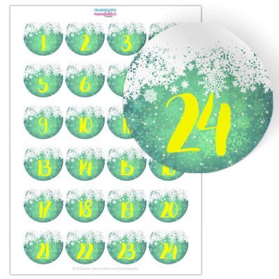 Adventskalender-Zahlen Aufkleber 1 bis 24 / rund grün modern Schnee / Etiketten / Sticker / Weihnachtskalender / Advent / Rund / DIY / zum Aufkleben