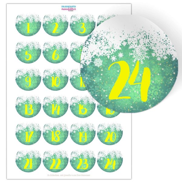 Adventskalender-Zahlen Aufkleber 1 bis 24 / rund grün modern Schnee / Etiketten / Sticker / Weihnachtskalender / Advent / Rund / DIY / zum Aufkleben