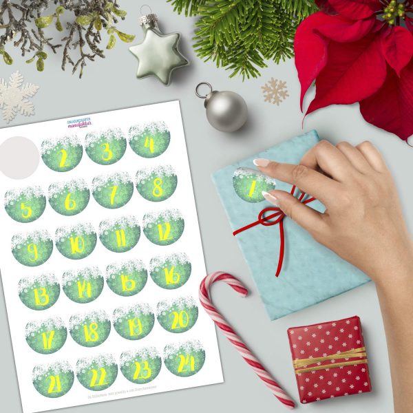 Adventskalender-Zahlen Aufkleber 1 bis 24 / rund grün modern Schnee / Etiketten / Sticker / Weihnachtskalender / Advent / Rund / DIY / zum Aufkleben – Bild 2