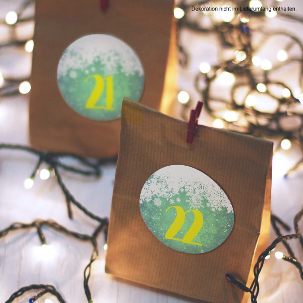 Adventskalender-Zahlen Aufkleber 1 bis 24 / rund grün modern Schnee / Etiketten / Sticker / Weihnachtskalender / Advent / Rund / DIY / zum Aufkleben – Bild 4