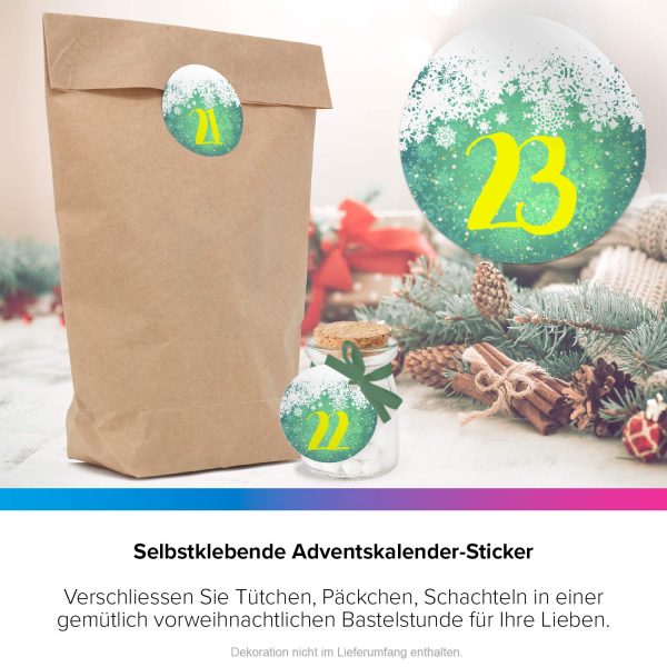 Adventskalender-Zahlen Aufkleber 1 bis 24 / rund grün modern Schnee / Etiketten / Sticker / Weihnachtskalender / Advent / Rund / DIY / zum Aufkleben – Bild 6