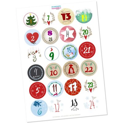Adventskalender-Zahlen Aufkleber 1 bis 24 / Bunter Mix / Etiketten / Sticker / Weihnachtskalender / Advent / Rund / DIY / zum Aufkleben
