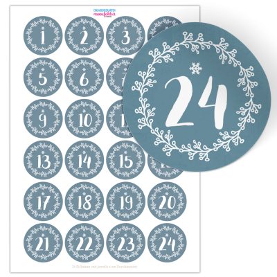 Adventskalender-Zahlen Aufkleber 1 bis 24 / Hellblau grau, große Zahlen / Weihnachtskalender Etiketten rund / Advent / DIY / zum Aufkleben