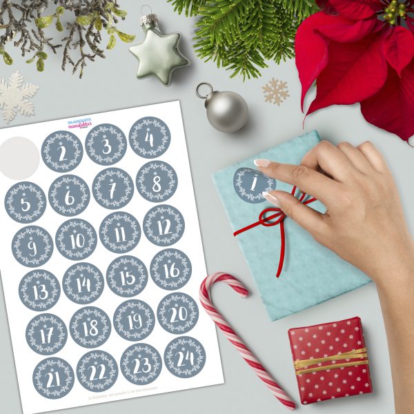 Adventskalender-Zahlen Aufkleber 1 bis 24 / Hellblau grau, große Zahlen / Weihnachtskalender Etiketten rund / Advent / DIY / zum Aufkleben – Bild 2