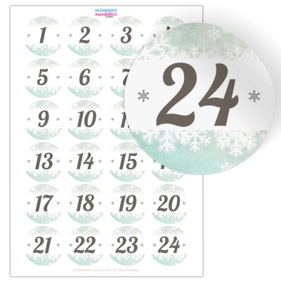 Adventskalender-Zahlen Aufkleber 1 bis 24 / Türkis modern, große Zahlen / Weihnachtskalender Etiketten rund / Advent / DIY / zum Aufkleben