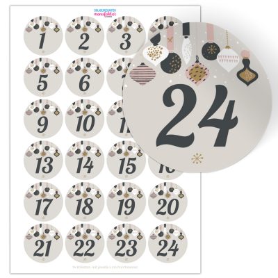 Adventskalender-Zahlen Aufkleber 1 bis 24 / Hängende Symbole, große Zahlen / Weihnachtskalender Etiketten rund / Advent / DIY / zum Aufkleben