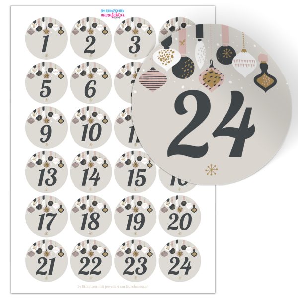 Adventskalender-Zahlen Aufkleber 1 bis 24 / Hängende Symbole, große Zahlen / Weihnachtskalender Etiketten rund / Advent / DIY / zum Aufkleben