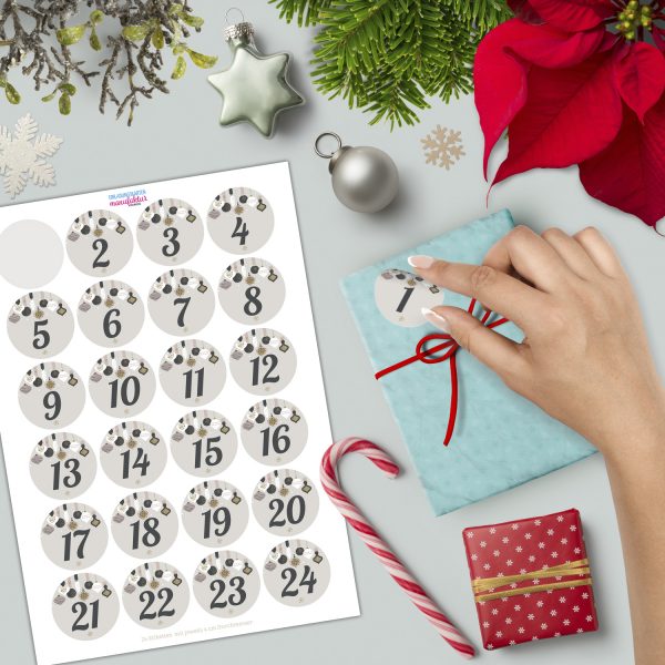 Adventskalender-Zahlen Aufkleber 1 bis 24 / Hängende Symbole, große Zahlen / Weihnachtskalender Etiketten rund / Advent / DIY / zum Aufkleben – Bild 2