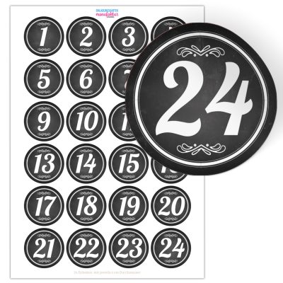 Adventskalender-Zahlen Aufkleber 1 bis 24 / schwarz Tafellook, große Zahlen / Weihnachtskalender Etiketten rund / Advent / DIY / zum Aufkleben