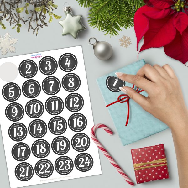 Adventskalender-Zahlen Aufkleber 1 bis 24 / schwarz Tafellook, große Zahlen / Weihnachtskalender Etiketten rund / Advent / DIY / zum Aufkleben – Bild 2