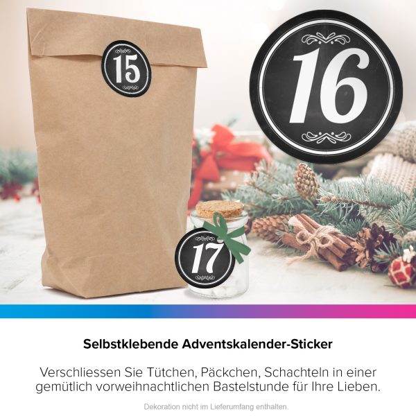 Adventskalender-Zahlen Aufkleber 1 bis 24 / schwarz Tafellook, große Zahlen / Weihnachtskalender Etiketten rund / Advent / DIY / zum Aufkleben – Bild 6