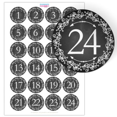 Adventskalender-Zahlen Aufkleber 1 bis 24 / schwarz weiss, große Zahlen / Weihnachtskalender Etiketten rund / Advent / DIY / zum Aufkleben