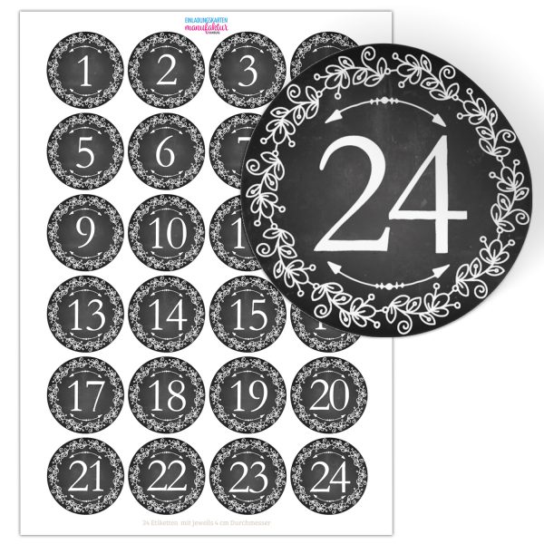 Adventskalender-Zahlen Aufkleber 1 bis 24 / schwarz weiss, große Zahlen / Weihnachtskalender Etiketten rund / Advent / DIY / zum Aufkleben