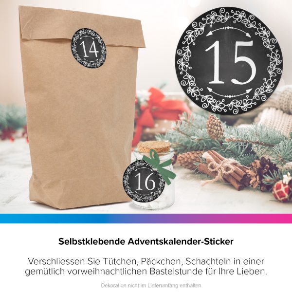 Adventskalender-Zahlen Aufkleber 1 bis 24 / schwarz weiss, große Zahlen / Weihnachtskalender Etiketten rund / Advent / DIY / zum Aufkleben – Bild 6