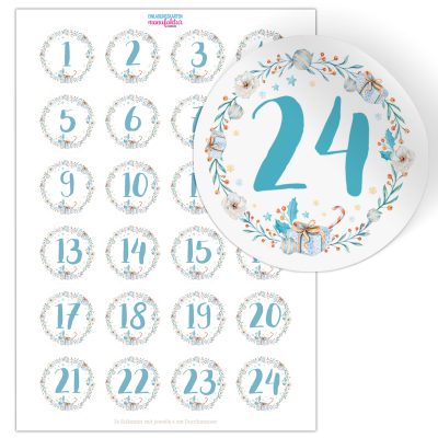 Adventskalender-Zahlen Aufkleber 1 bis 24 / Große blaue Zahlen / Weihnachtskalender Etiketten rund / Advent / DIY / zum Aufkleben