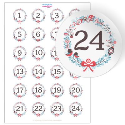 Adventskalender-Zahlen Aufkleber 1 bis 24 / Wunderbares Design, große Zahlen / Weihnachtskalender Etiketten rund / Advent / DIY / zum Aufkleben