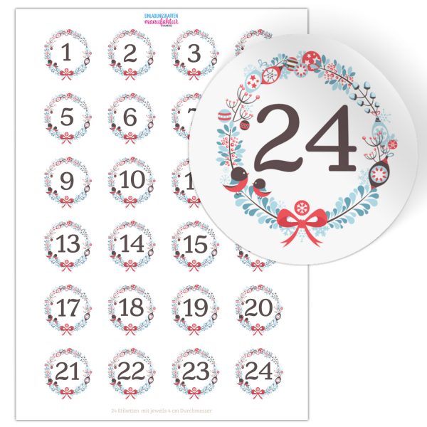Adventskalender-Zahlen Aufkleber 1 bis 24 / Wunderbares Design, große Zahlen / Weihnachtskalender Etiketten rund / Advent / DIY / zum Aufkleben