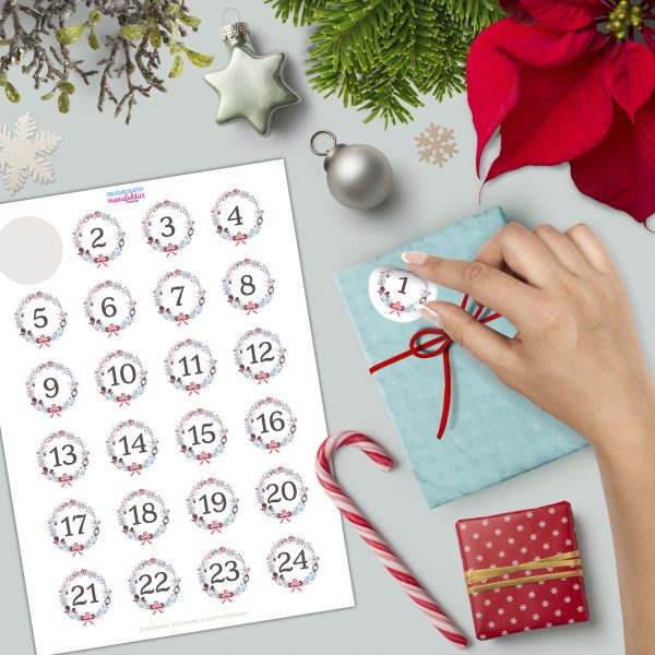 Adventskalender-Zahlen Aufkleber 1 bis 24 / Wunderbares Design, große Zahlen / Weihnachtskalender Etiketten rund / Advent / DIY / zum Aufkleben – Bild 2
