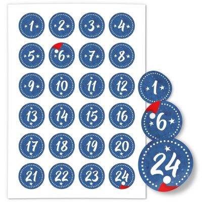 Adventskalender-Zahlen Aufkleber 1 bis 24 / Blau gestrichelt / Etiketten / Sticker / Weihnachtskalender / Advent / Rund / DIY / zum Aufkleben