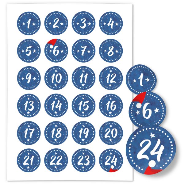 Adventskalender-Zahlen Aufkleber 1 bis 24 / Blau gestrichelt / Etiketten / Sticker / Weihnachtskalender / Advent / Rund / DIY / zum Aufkleben