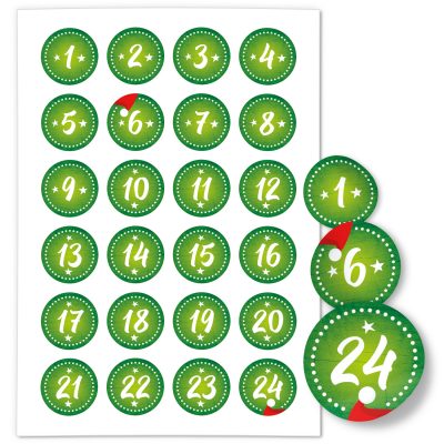 Adventskalender-Zahlen Aufkleber 1 bis 24 / grün gestrichelt / Etiketten / Sticker / Weihnachtskalender / Advent / Rund / DIY / zum Aufkleben