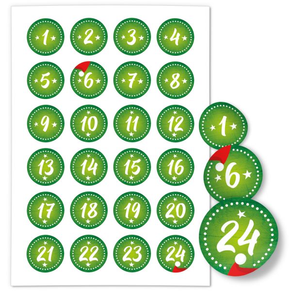 Adventskalender-Zahlen Aufkleber 1 bis 24 / grün gestrichelt / Etiketten / Sticker / Weihnachtskalender / Advent / Rund / DIY / zum Aufkleben