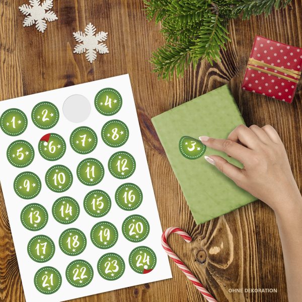 Adventskalender-Zahlen Aufkleber 1 bis 24 / grün gestrichelt / Etiketten / Sticker / Weihnachtskalender / Advent / Rund / DIY / zum Aufkleben – Bild 2