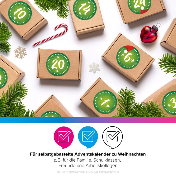 Adventskalender-Zahlen Aufkleber 1 bis 24 / grün gestrichelt / Etiketten / Sticker / Weihnachtskalender / Advent / Rund / DIY / zum Aufkleben – Bild 4