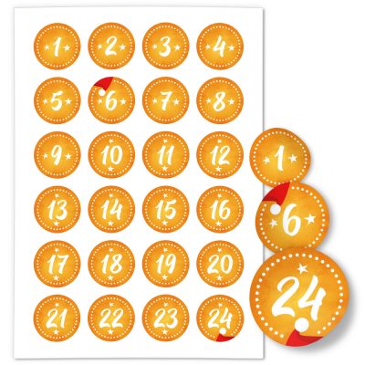 Adventskalender-Zahlen Aufkleber 1 bis 24 / gelb gestrichelt / Etiketten / Sticker / Weihnachtskalender / Advent / Rund / DIY / zum Aufkleben