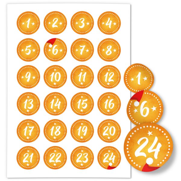Adventskalender-Zahlen Aufkleber 1 bis 24 / gelb gestrichelt / Etiketten / Sticker / Weihnachtskalender / Advent / Rund / DIY / zum Aufkleben