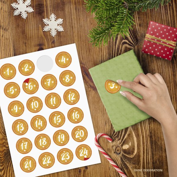 Adventskalender-Zahlen Aufkleber 1 bis 24 / gelb gestrichelt / Etiketten / Sticker / Weihnachtskalender / Advent / Rund / DIY / zum Aufkleben – Bild 2