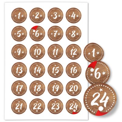 Adventskalender-Zahlen Aufkleber 1 bis 24 / braun gestrichelt / Etiketten / Sticker / Weihnachtskalender / Advent / Rund / DIY / zum Aufkleben