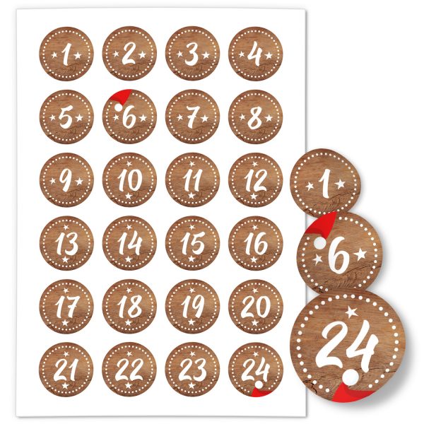 Adventskalender-Zahlen Aufkleber 1 bis 24 / braun gestrichelt / Etiketten / Sticker / Weihnachtskalender / Advent / Rund / DIY / zum Aufkleben