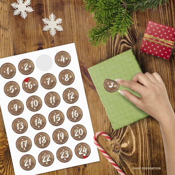 Adventskalender-Zahlen Aufkleber 1 bis 24 / braun gestrichelt / Etiketten / Sticker / Weihnachtskalender / Advent / Rund / DIY / zum Aufkleben – Bild 2