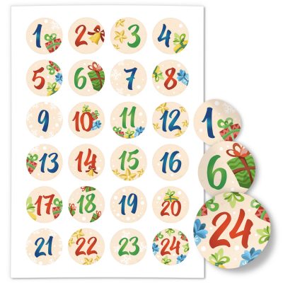 Adventskalender-Zahlen Aufkleber 1 bis 24 / bunter Mix Geschenke / Etiketten / Sticker / Weihnachtskalender / Advent / Rund / DIY / zum Aufkleben
