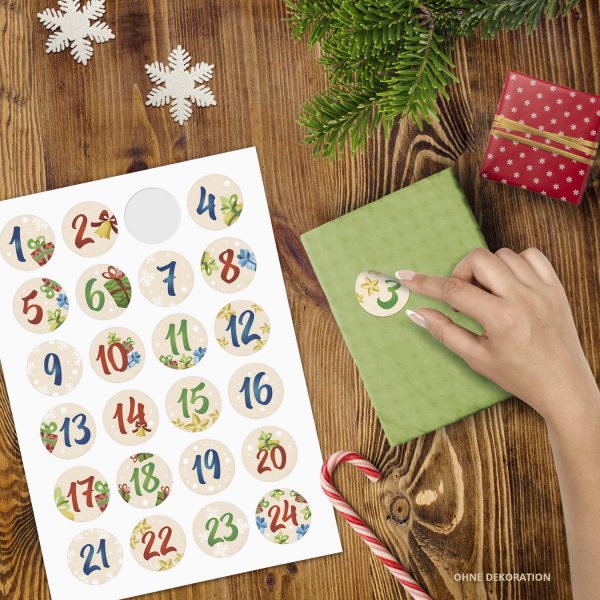 Adventskalender-Zahlen Aufkleber 1 bis 24 / bunter Mix Geschenke / Etiketten / Sticker / Weihnachtskalender / Advent / Rund / DIY / zum Aufkleben – Bild 2
