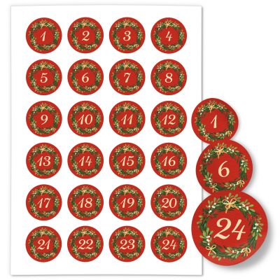 Adventskalender-Zahlen Aufkleber 1 bis 24 / Vintage Kranz rot / Etiketten / Sticker / Weihnachtskalender / Advent / Rund / DIY / zum Aufkleben