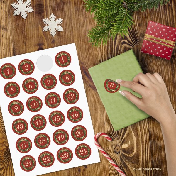 Adventskalender-Zahlen Aufkleber 1 bis 24 / Vintage Kranz rot / Etiketten / Sticker / Weihnachtskalender / Advent / Rund / DIY / zum Aufkleben – Bild 2