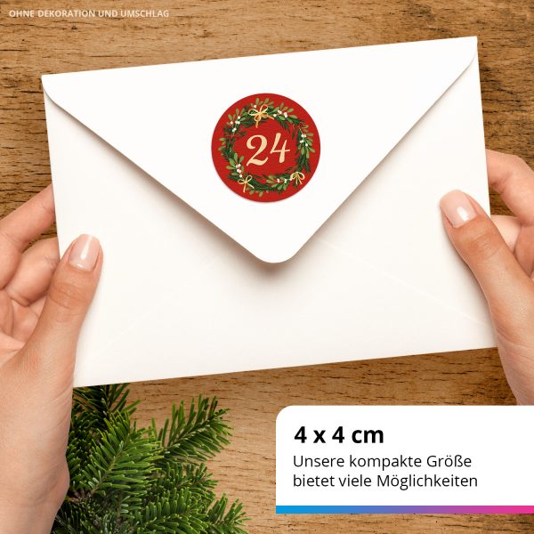 Adventskalender-Zahlen Aufkleber 1 bis 24 / Vintage Kranz rot / Etiketten / Sticker / Weihnachtskalender / Advent / Rund / DIY / zum Aufkleben – Bild 3